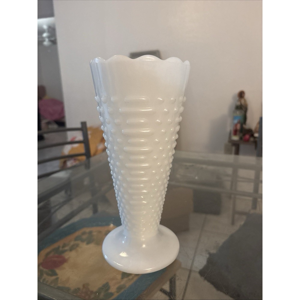 VTG Anchor Hocking Milk Glass Hobnail Bar Scalloped Vase Pedestal 9.5"